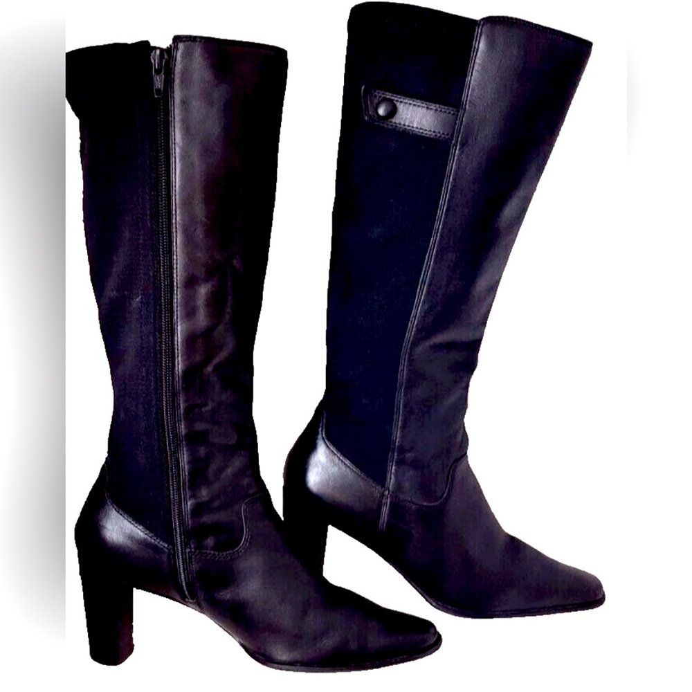 Tall black leather and fabric boots